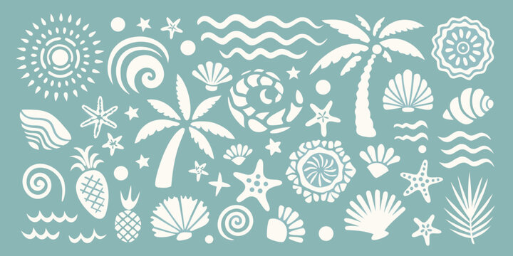 Collection of white tropical beach and ocean icons on a teal background