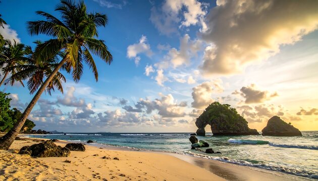 Tropical beach palm trees on sandy shore, rock formation, ocean waves, cloudy blue sky at sunset - Powered by Adobe