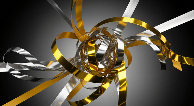 Elegant black background with gold and silver ribbons, luxury and celebration themes.
