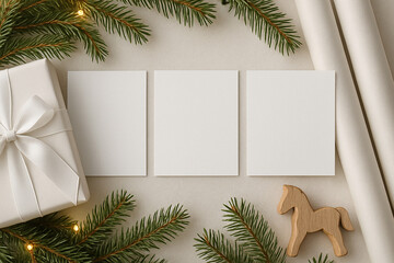 Three white cards arranged in a row on a light surface with festive decor and wrapping elements. Calm neutral tones and soft natural light.