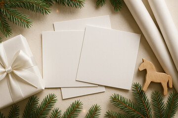 Horizontal composition with white blank cards on a light neutral table. Christmas decor with fir branches, gift box and wrapping paper in soft natural light, Scandinavian minimal style.