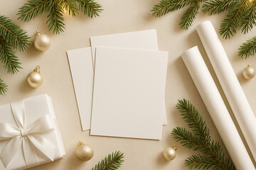 Horizontal composition with white blank cards on a light neutral table. Christmas decor with fir branches, gift box and wrapping paper in soft natural light, Scandinavian minimal style.