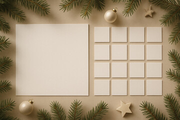 Large white sheet and sixteen small blank cards arranged on light table with Christmas fir decor and soft light.
