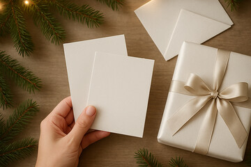 Woman&rsquo;s hands holding clean white cards beside a white gift box. Soft light, neutral colors and delicate festive mood.