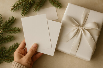 Woman&rsquo;s hands holding clean white cards beside a white gift box. Soft light, neutral colors and delicate festive mood.