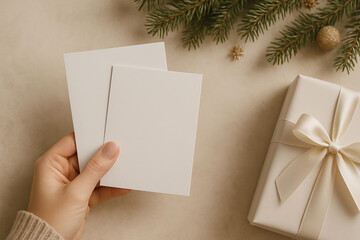 Woman&rsquo;s hands holding clean white cards beside a white gift box. Soft light, neutral colors and delicate festive mood.