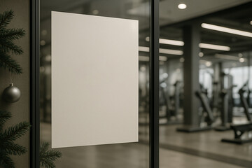 Poster with Christmas decor on glass wall, gym entrance, with festive atmosphere and workout equipment in the background.