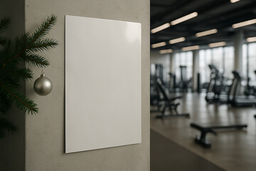 Large poster on gym wall decorated with fir branches and Christmas ornaments. Bright modern setting in festive atmosphere.