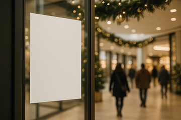 Vertical poster with Christmas decor inside a bright shopping mall filled with people and festive atmosphere.