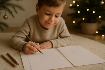 Side angle view of a smiling child lying on the floor and coloring on a clean white sheet with pencils, surrounded by festive Christmas decor and warm cozy lighting.