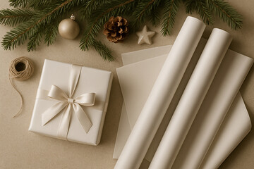 Light table with white blank sheets, wrapping paper rolls above and a white gift box on the side with Christmas branches and soft natural shadows.