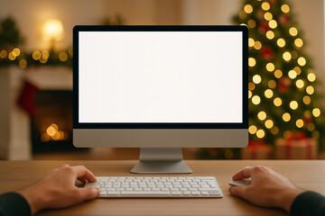 White monitor and hands on keyboard in cozy Christmas interior with soft blurred lights and warm decor.