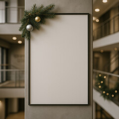 Large poster on gym wall decorated with fir branches and Christmas ornaments. Bright modern setting in festive atmosphere.