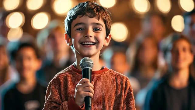 Happy young boy confidently speaks into a microphone on stage with audience.
