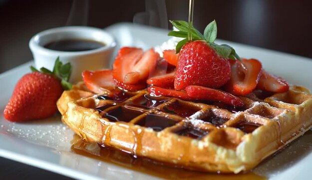 A close-up shot of a waffle topped with sweet syrup, perfect for breakfast or brunch