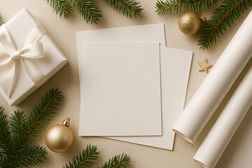 Horizontal composition with white blank cards on a light neutral table. Christmas decor with fir branches, gift box and wrapping paper in soft natural light, Scandinavian minimal style.