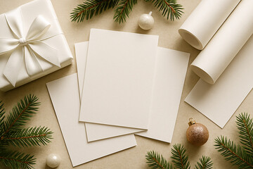 Horizontal composition with white blank cards on a light neutral table. Christmas decor with fir branches, gift box and wrapping paper in soft natural light, Scandinavian minimal style.