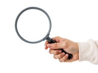 Hand holding magnifying glass isolated on transparent background