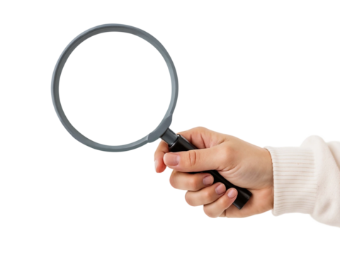 Hand holding magnifying glass isolated on transparent background