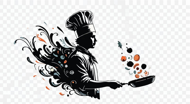 Dynamic illustration of a chef skillfully tossing food in a pan with artistic flair