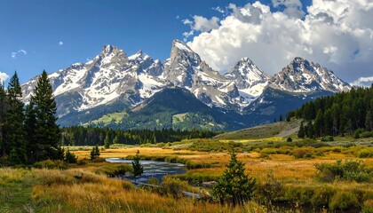 Stunning landscape showcasing snow-capped mountains and a serene river in daylight