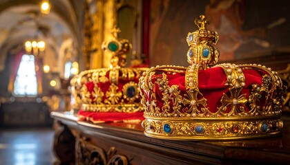 Fototapeta premium Two ornate golden crowns with gems on a dark wooden surface in a blurred ornate interior, shallow depth of field