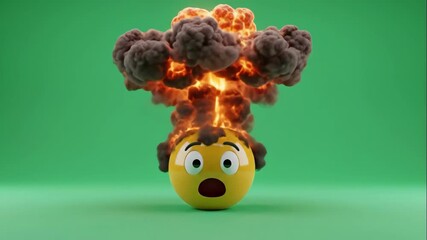 A shocked emoji's head explodes in a fiery mushroom cloud. 3D animation of a mind blown concept on a green screen for chroma keying