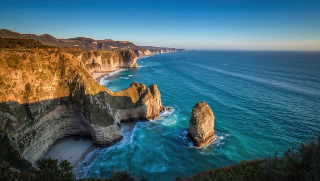 Stunning coastal cliffs bathed in golden sunset light with turquoise ocean waves crashing against dramatic rock formations and secluded beaches