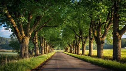 Obraz premium Serene country road lined with majestic ancient trees bathed in warm golden sunlight, evoking peace and natural beauty.