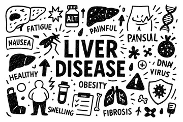 Obraz premium Liver disease awareness doodle with symptoms, obesity, and virus infection icons, Transparent Background
