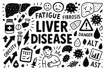 Liver disease awareness doodle with symptoms, obesity, and virus infection icons, Transparent Background