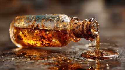 Old glass bottle with cork stopper leaks golden liquid on the grunge surface. It depicts a vintage aesthetic, or the concept of waste and loss.