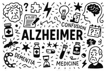 Obraz premium Alzheimer disease doodle composition with dementia, confusion, and brain icons, Transparent Background