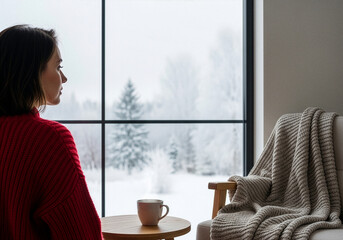 woman with red sweater fresh morning drinking hot coffee and looking out the window for see snow winter on the forest sunny day, relax and freedom day. Lifestyle Concept.