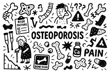 Osteoporosis awareness doodle with weak bones, fracture risk, and calcium deficiency, Transparent Background