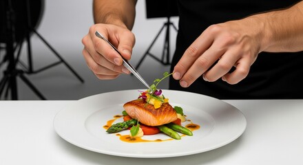 Skilled Chef Adding Finishing Touches to Gourmet Salmon Dish
