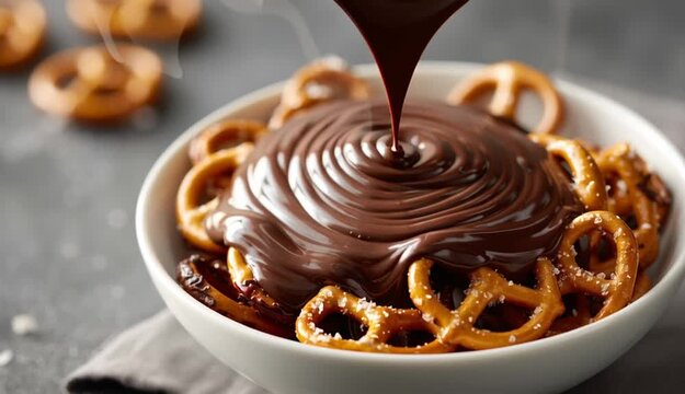 Close-up of pretzels in a bowl with chocolate being poured over