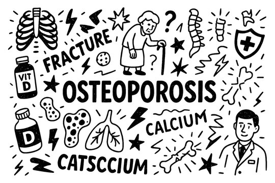 Osteoporosis awareness doodle with weak bones, fracture risk, and calcium deficiency, Transparent Background