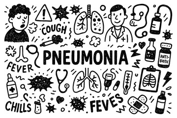 Pneumonia doodle composition with lungs, coughing patients, and respiratory infection icons, Transparent Background