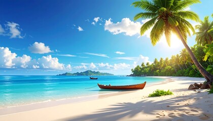 Tropical beach paradise with clear turquoise water, white sand, palm trees, and boats under a sunny sky