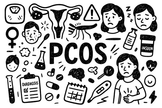 PCOS awareness doodle with hormonal imbalance, acne, and infertility symptoms, Transparent Background