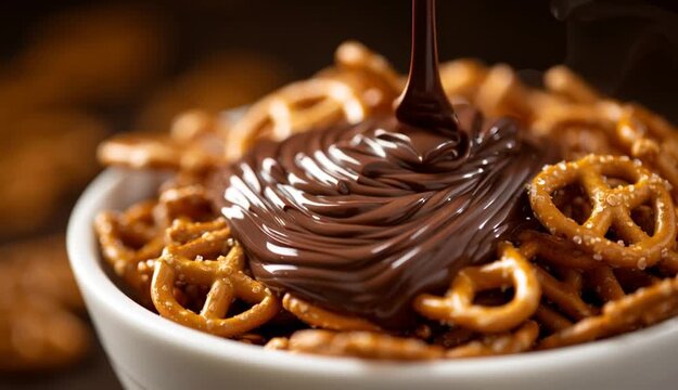 Close-up of pretzels in a bowl with chocolate being poured over