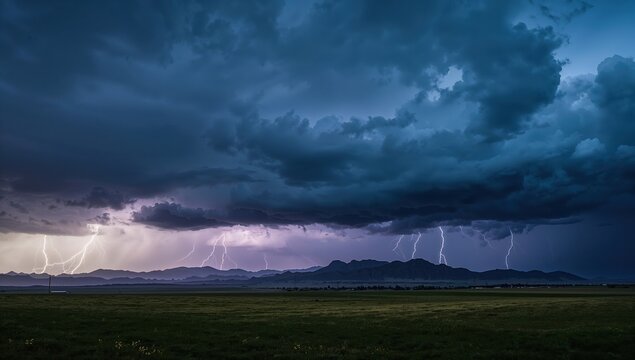 Dramatic lightning strikes illuminate storm clouds over majestic mountain range and vast grassy plains during a powerful natural phenomenon