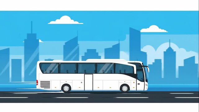 2D animation of a white bus driving on a city highway. Tour coach moving against a scrolling urban cityscape. Travel and transportation concept
