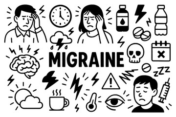 Migraine headache doodle composition with pain symptoms, triggers, and treatment icons, Transparent Background