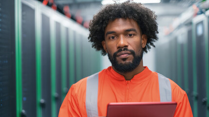 Engineer in orange safety uniform holding tablet in data center, surrounded by server racks, focused on network maintenance, IT infrastructure, and system operations.