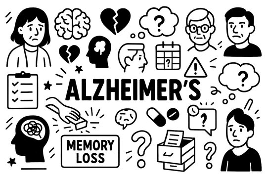 Alzheimer’s disease doodle composition with memory loss, brain, and elderly care icons, Transparent Background - Powered by Adobe