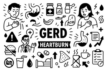 GERD (acid reflux) doodle composition with symptoms, causes, and prevention icons, Transparent Background