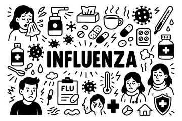 Influenza flu doodle composition with patients, medicine, and prevention icons, Transparent Background