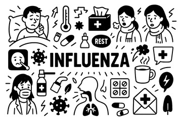 Influenza flu doodle composition with patients, medicine, and prevention icons, Transparent Background